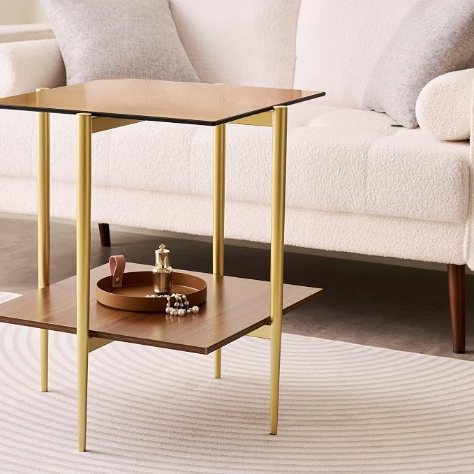 LumFurn Glass End Table, Mid-Century Modern Design Sofa Table, L18 x W18 x H23, for Living Room, 2-Tier Structure, Amber Glass Top and Walnut MDF Shelf, Sleek Conical Metal Legs with Gold Finish Frame