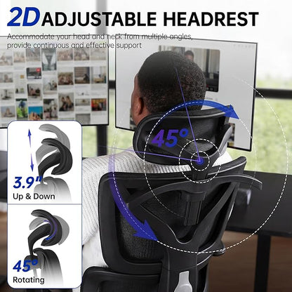 Ergonomic Office Chair, High Back Mesh Computer Chair with Comfortable Adaptive Lumbar Support, Built-in Coat Hanger, SGS Class 4 Gas Lift, Heavy Duty 300lbs for Long Hours Home Office, Black