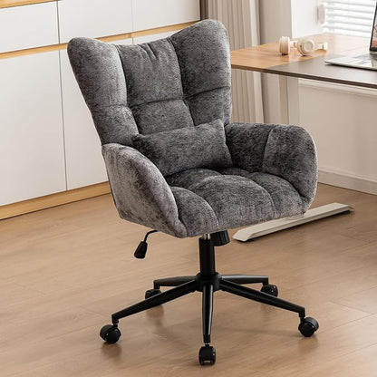 Home Office Desk Chair, Modern Tufted Chenille Vanity Chair, Adjustable Upholstered Swivel Computer Chairs for Bedroom, Living Room，Grey