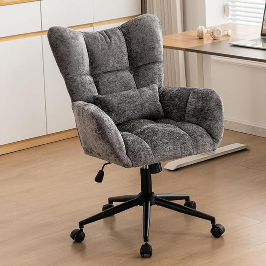 Home Office Desk Chair, Modern Tufted Chenille Vanity Chair, Adjustable Upholstered Swivel Computer Chairs for Bedroom, Living Room，Grey
