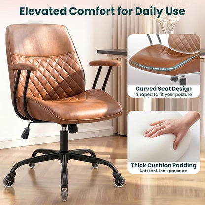 NEO CHAIR Ergonomic Leather Office Desk Chair with Adjustable Armrests Mid Back Lumbar Support Swivel Executive Computer Chair with Wheels Comfy Home Office Chair for Adults (Brown)