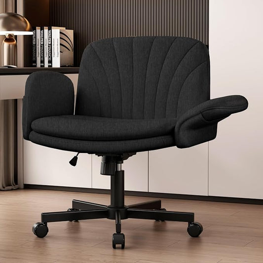 Vonesse Criss Cross Office Chair with Wheels & Armrests, Height Adjustable Vanity Chair, Makeup Chairs with Side Pockets Design, Comfortable Computer Desk Chairs for Home (Linen Fabric,Black)