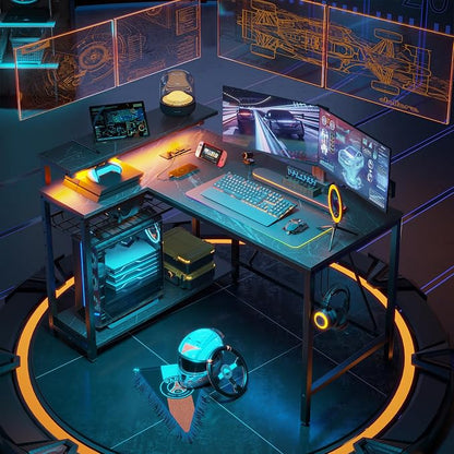 Bestier Gaming Desk with Power Outlets, 42" L-Shaped Gaming Desk with LED Lights, Desk with Reversible Storage Shelves & Hooks for Small Spaces, Bedrooms & Offices, Marble Black