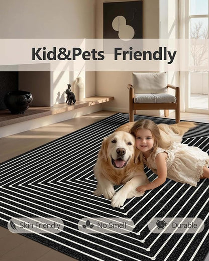 Latte&Fog 10x14 Area Rug for Living Room, Extra Large Black Modern Abstract Washable Rugs, Boho Non Slip Low Pile Carpet for Indoor Bedroom Dining Room, Office, Dorm, Classroom and Farmhouse