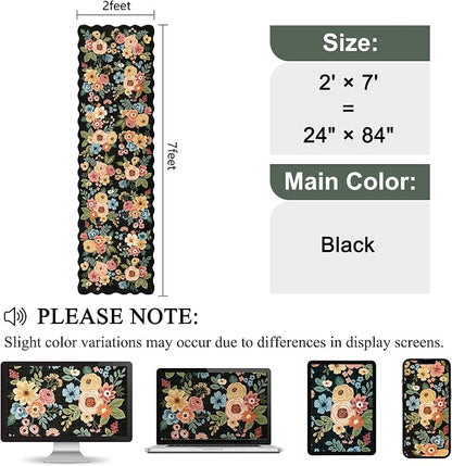 DUKINO Washable Runner Rug, 2x7 Lightweight Soft Floral Hallway Rug Runner with Low Pile Design, Non Shedding & Non Slip Backing Thin Indoor Carpet for Bedroom, Bathroom, Entrance, Kitchen, Black