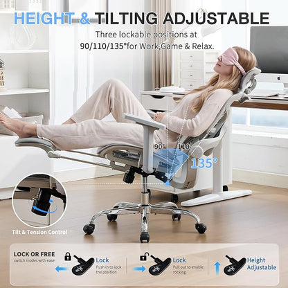 Ergonomic MeshOffice Chair with 2-Zone Lumbar Support and Footrest,Grey | Big and Tall, 400LBS, Adjustable Seat Depth, 4D Headrest, 4D Armrests Swivel Executive Chair for Home Office