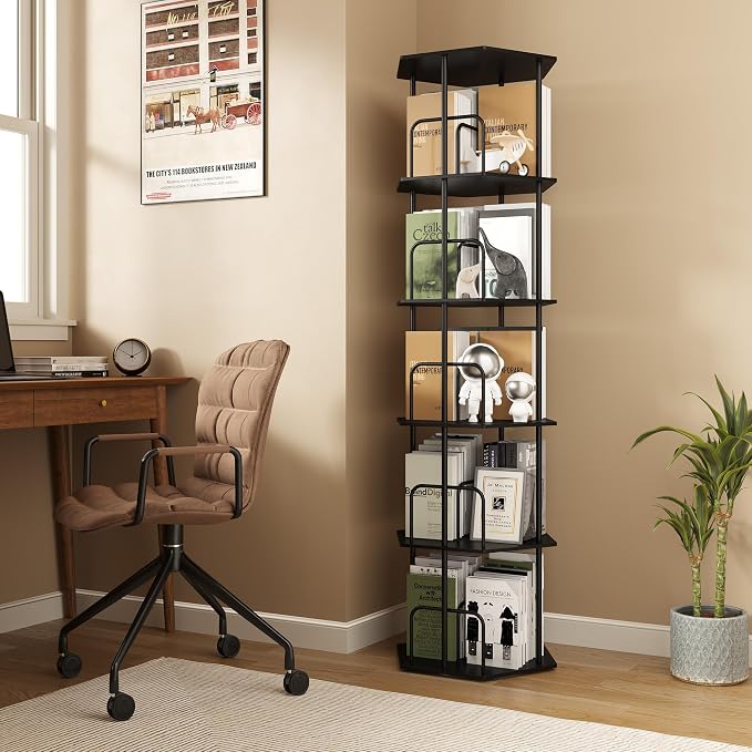 SUNMORY 5 Tier Rotating Bookshelf Tower, Revolving 360 ° Spinning Bookcase, Hexagonal Corner Book Shelf Storage Carousel, Vertical Rotate Turning Organizer Book Shelves for Living Room Office Bedroom