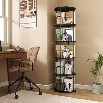 SUNMORY 5 Tier Rotating Bookshelf Tower, Revolving 360 ° Spinning Bookcase, Hexagonal Corner Book Shelf Storage Carousel, Vertical Rotate Turning Organizer Book Shelves for Living Room Office Bedroom