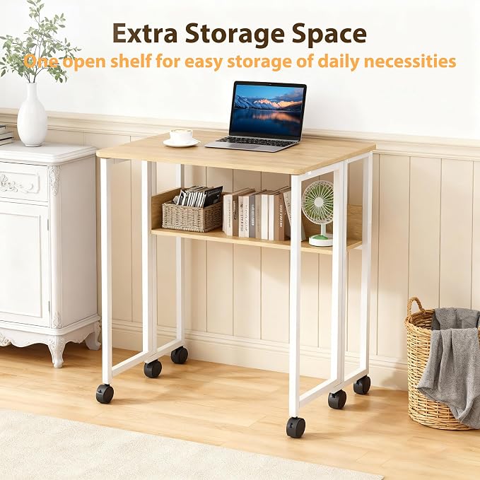 GAOMON 31.5" Folding Desk Rolling Desk with Storage Shelf,Space-Saving Foldable Computer Desk with Wheels,Portable Mobile Couch Sofa Side Table for Small Spaces, Home Office, Study, Easy Assembly,Oak