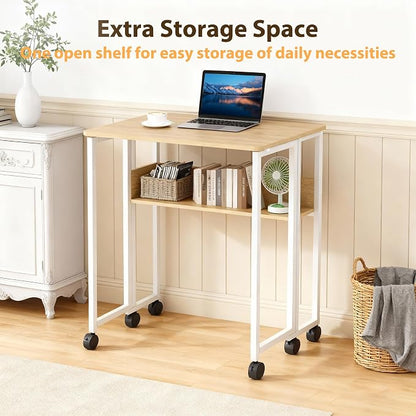 GAOMON 31.5" Folding Desk Rolling Desk with Storage Shelf,Space-Saving Foldable Computer Desk with Wheels,Portable Mobile Couch Sofa Side Table for Small Spaces, Home Office, Study, Easy Assembly,Oak