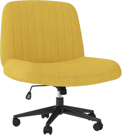 Shintenchi Criss Cross Chair,Cross Legged Office Seat with Wheels Armless Swivel Vanity Chair,Height Adjustable Wide Computer Task Seating for Home Office,Yellow ﻿