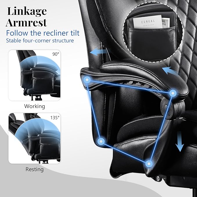3D Kneading Massage Office Chair, Oversized 600LBS Big and Tall Executive Office Chair with Footrest, Reclining Computer Chairs, Wider Upholstered Seat Ergonomic Desk Chair for Home Office, Black