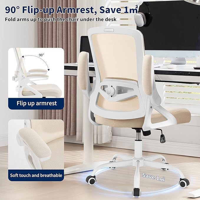 Ergonomic Office Chair, Desk Chair with Adjustable Lumbar Support, Breathable Mesh Comfy Computer Chairs with Flip-up Armrests Executive Task Chair for Adults Home Office (Buff Beige)