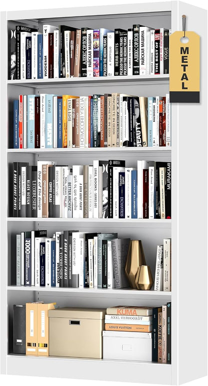 OSEILLC Bookcase,5 Tier White Bookshelves,66" Tall Free Standing Metal Bookcase with Adjustable Storage Shelves, Industrial Wide Bookshelf for Bedroom Living Room Home Office School
