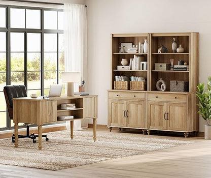 WAMPAT Home Office Furniture Set, 56'' Executive Desk with Charging Station, 72" Tall Bookcase with 4 Doors and 2 Drawers, Wood Computer Desk with File Cabinet Storage, Open Shelf, Oak