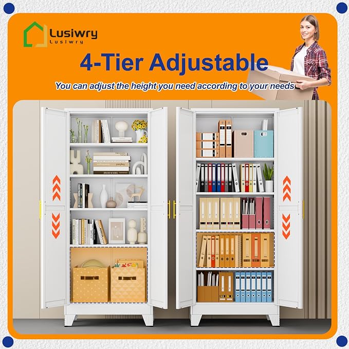 Metal Storage Cabinet with 2 Doors and 4 Adjustable Shelves - 71" Steel File Cabinet,Tool Cabinets for Office,Home,Garage,Gym,School,Bathroom,Kitchen(White)