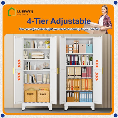 Metal Storage Cabinet with 2 Doors and 4 Adjustable Shelves - 71" Steel File Cabinet,Tool Cabinets for Office,Home,Garage,Gym,School,Bathroom,Kitchen(White)