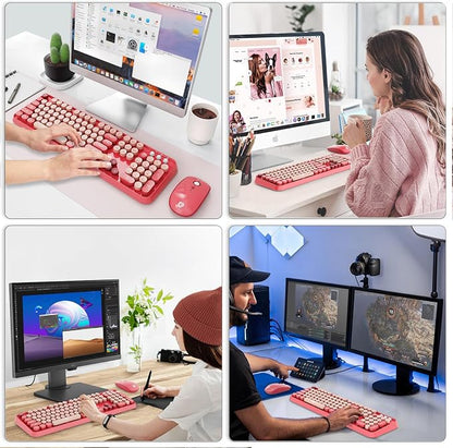 FD Wireless Keyboard and Mouse Combo | Cute Colorful Keyboard and Mouse with 2.4GHz Cordless Retro Typewriter Keyboard | Auto-Sleep | USB Receiver for Windows PC/Laptop - Pink Colorful