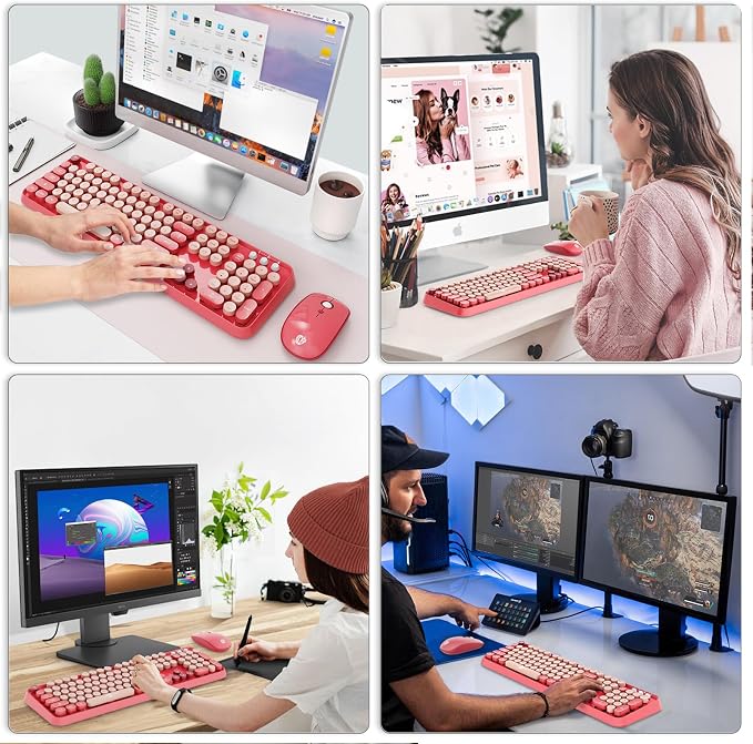 Wireless Keyboard and Mouse Combo - Cute Colorful Keyboard and Mouse, Retro Typewriter Keyboard with 2.4GHz Plug & Play, for Windows 11/10/7, Laptop, PC (Hot Pink)