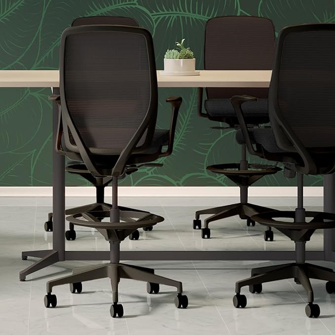 HON Nucleus Task Stool, Ergonomic Office Chair, Home Office Desk Chairs, Synchro-Tilt with Seat Slider, Adjustable Footring, Height-Width Adjustable Arms, Black Mesh, Darkness Fabric, Black Frame