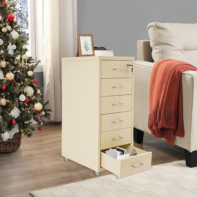 Vertical File Cabinet, 6 Drawers Rolling File Organizer Cabinets with Lock, Heavy Duty Metal Storage Cabinet, Movable Under Desk Filing Cabinet for Office, Study, Dresser (Beige)