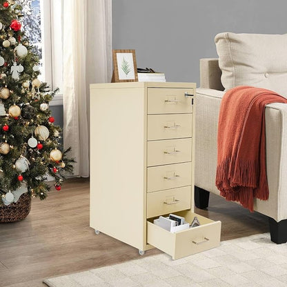 Vertical File Cabinet, 6 Drawers Rolling File Organizer Cabinets with Lock, Heavy Duty Metal Storage Cabinet, Movable Under Desk Filing Cabinet for Office, Study, Dresser (Beige)