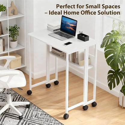 Garvee Folding Desk Small Rolling Desk with Storage Shelf,24.8 Inch Foldable Computer Table for Small Spaces, Space Saving Sofa Table with Wheels for Home Office, Study, Easy Assembly, White