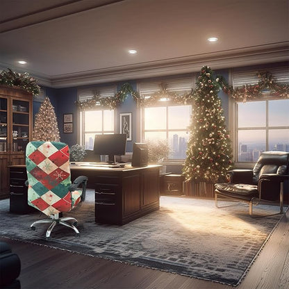 Christmas Office Chair Cover Green,Printed Elk,pinecone,Xmas tree,Snowflake,Jingle bell Stretch Computer Chair Cover Universal Removable Washable Anti-Dust Chair Slipcover with Zipper (L,Christmas-09)
