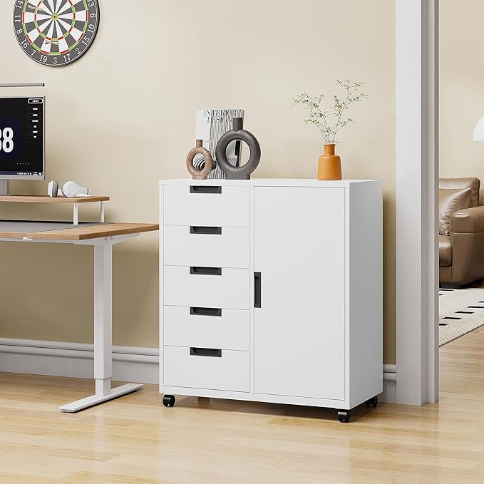 5-Drawer Metal Storage Cabinet with Adjustable Shelves and Wheels, Printer Stand with Storage, Craft Organizers and Storage Drawers, Rolling File Cabinets for Home Office(White)