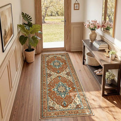 RELEANY Area Rugs Runner 2'x5' Washable Non-Slip, Floral Vintage Distress Medallion Carpet for Kitchen Hallway Bedroom Beside Laundry Room Bathroom, Red Orange Blue Brown