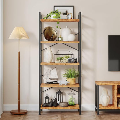 DurayLoly 5 Tier Bookshelf for Narrow Space, Rustic Brown | Small Storage Shelves, Sidebars and Metal Frame