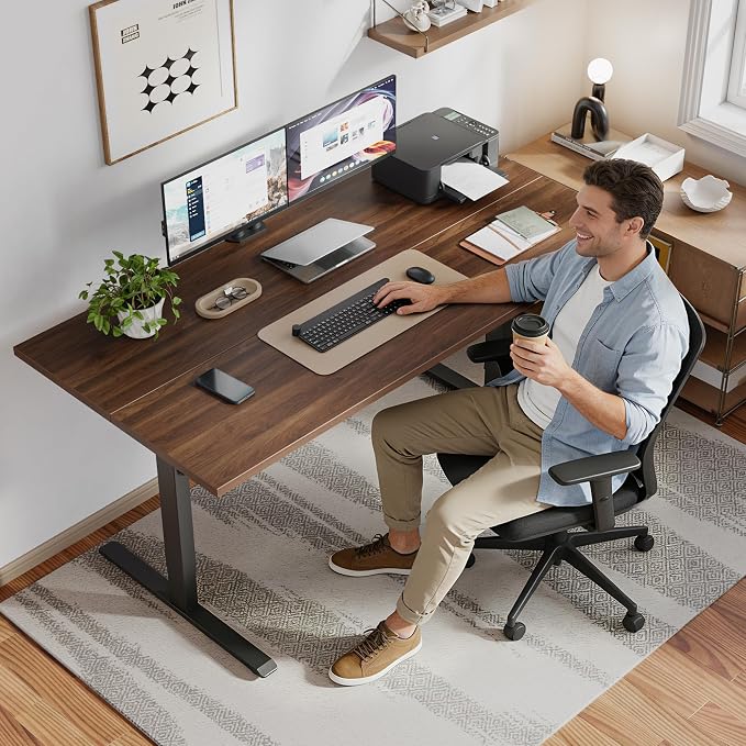 Klicelor 55 x 28 Electric Standing Desk, Sit Stand Up Home Office Desk, Height Adjustable Deep Cumputer Table with Memory Presets and Hooks, Two Pieces, Dark Walnut