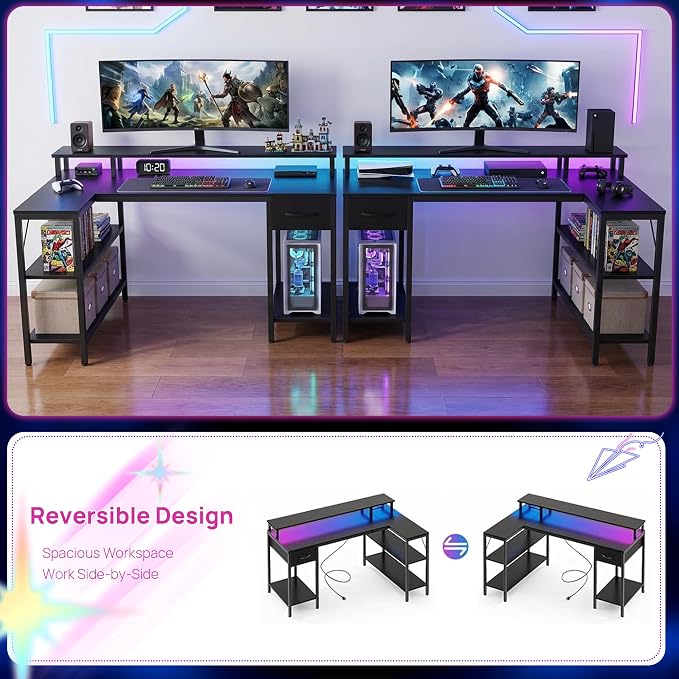 Alpen Corner Desk, 53 Inch L Shaped Desk with USB Charging Port and LED Light, Computer Desk with Storage Shelves & Monitor Stand, Corner Gamer Desk Table for Bedroom, Black