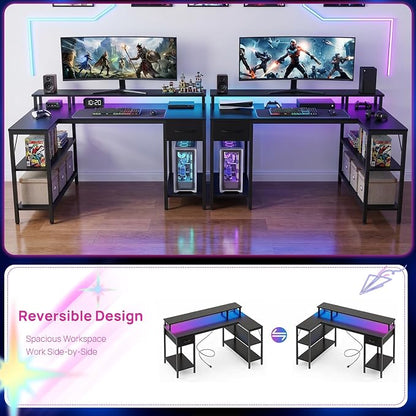 Alpen Corner Desk, 53 Inch L Shaped Desk with USB Charging Port and LED Light, Computer Desk with Storage Shelves & Monitor Stand, Corner Gamer Desk Table for Bedroom, Black