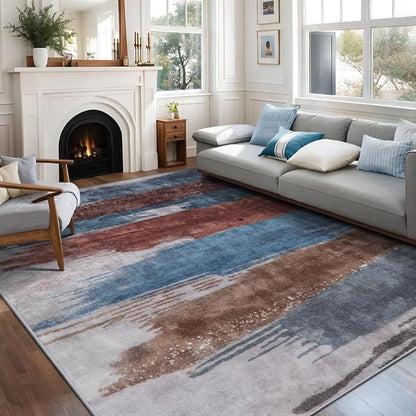 Ciicool Modern Abstract Blue Brown Rug for Living Room, 8'x10' Machine Washable Area Rug Non-Slip Rug, Low-Pile Contemporary Indoor Dining Floor Carpet for Bedroom Office Under Table Home Decor