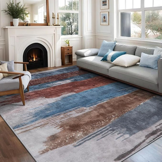 Ciicool Modern Abstract Blue Brown Rug for Living Room, 8'x10' Machine Washable Area Rug Non-Slip Rug, Low-Pile Contemporary Indoor Dining Floor Carpet for Bedroom Office Under Table Home Decor