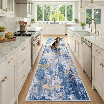 RELEANY Washable Area Rugs 2'6"x10 Non-Slip Modern Abstract Soft for Living Room Entryway Bedroom Kitchen, Print Pattern, Grey Blue Gold/Golden