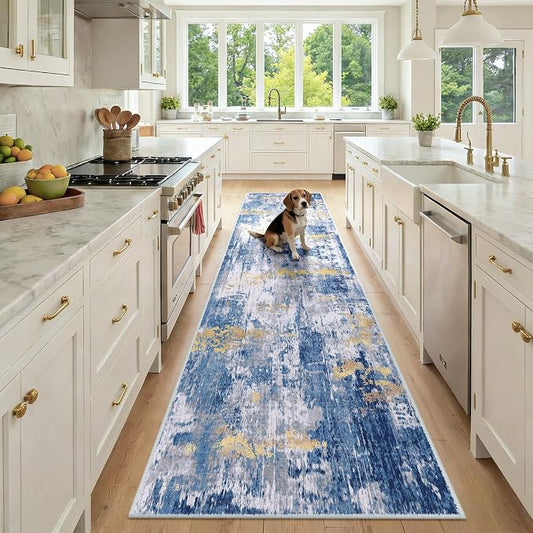 RELEANY Washable Area Rugs 2'6"x10 Non-Slip Modern Abstract Soft for Living Room Entryway Bedroom Kitchen, Print Pattern, Grey Blue Gold/Golden