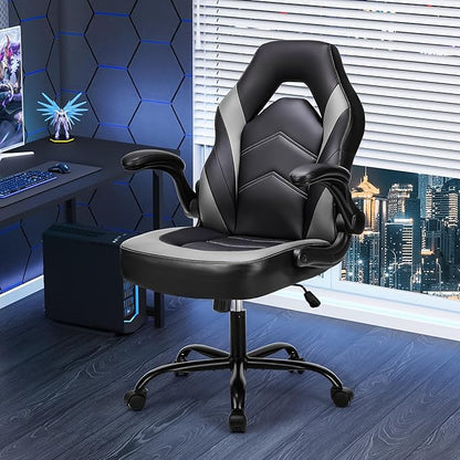 Sweetcrispy Computer Video Game Desk Chair: Ergonomic Comfy Lumbar Support, PU Leather with Flip-up Armrest, Height Adjustable and 360° Swivel, for Adults, Black Grey