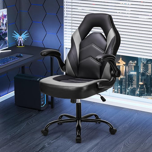 NEWBULIG Computer Gaming Desk Chair - Big Tall Ergonomic Lumbar Support with Flip-up Armrest and 360° Swivel Wheels, PU Leather Height Adjustable, for Home and Office, Grey