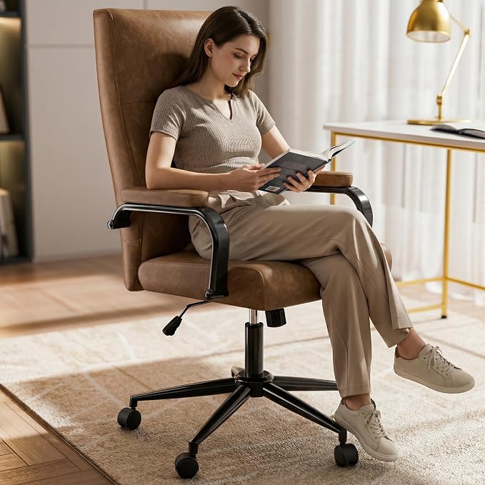 GXJ Brown Office Chair with Memory Foam Seat | 4.9'' Memory Foam Seat and 4.7'' Comfortable Backrest, High Back Leather Executive Chair with Wheels and Arms for Women