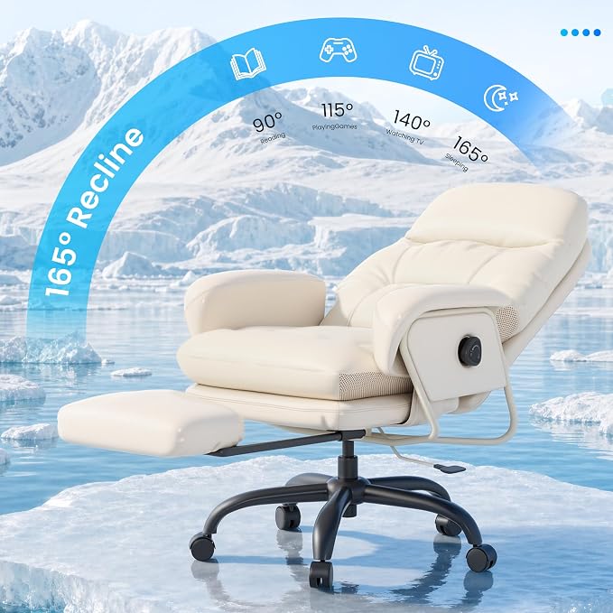 FLEXISPOT Cooling Ergonomic Office Chair with Footrest Indoor Lounge Computer Chair with 90-165° 4-Level Reclining, Chairs for Working Relaxing Sleeping, Tech Cooling Leather with 0.4 Q-Max, White