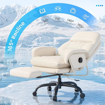 FLEXISPOT Cooling Ergonomic Office Chair with Footrest Indoor Lounge Computer Chair with 90-165° 4-Level Reclining, Chairs for Working Relaxing Sleeping, Tech Cooling Leather with 0.4 Q-Max, White