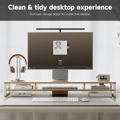 Dual Monitor Stand Riser for Desk, 41.7 Inch Large 2 Tier Computer Monitor Stand for 2 Monitors, Desktop Storage Organizer Shelf with Keyboard Space for Laptop PC Printer, Beige