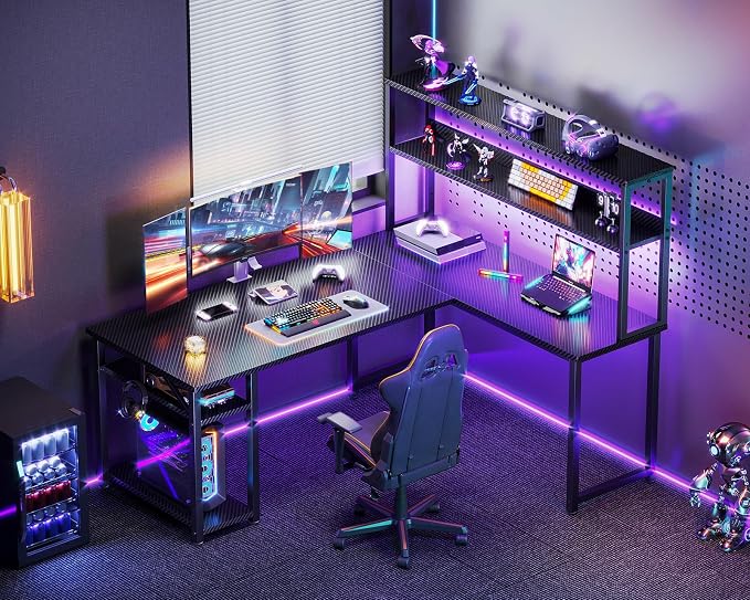 ODK 53" L Shaped Gaming Desk with Hutch & Headphone Hook, Corner Computer Table with Storage Shelves for Home Office, Black