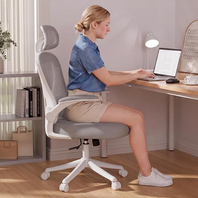 SeekFancy Ergonomic Office Chair M903, Computer Desk Chair | High Back Mesh Office Chair with Adjustable Lumbar Support, Headrest, Flip-Up Armrests, Wheels, 330LBS Capacity, White Grey