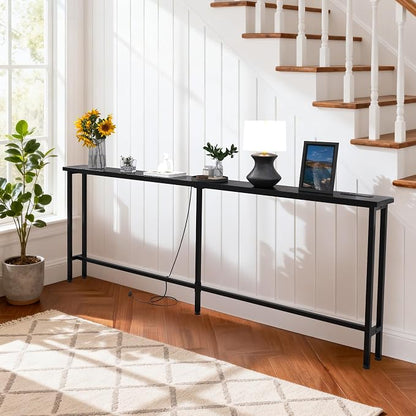 GRLEAF 70" Sofa Table with Built-in Power Strip (4 AC Outlets & 4 USB Ports) – 4.9ft Power Cord, Metal Frame, Easy Assembly, Long Couch Table Behind Sofa, Hallway, Living Room and Home Office | Black