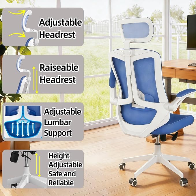 Ergonomic Office Chair - 350LB Comfy Desk Chairs with Adjustable Headrest and Lumbar Back Support, Mesh Computer Chairs with Wheels and Arms for Home Office, Study (Blue-with Headrest)