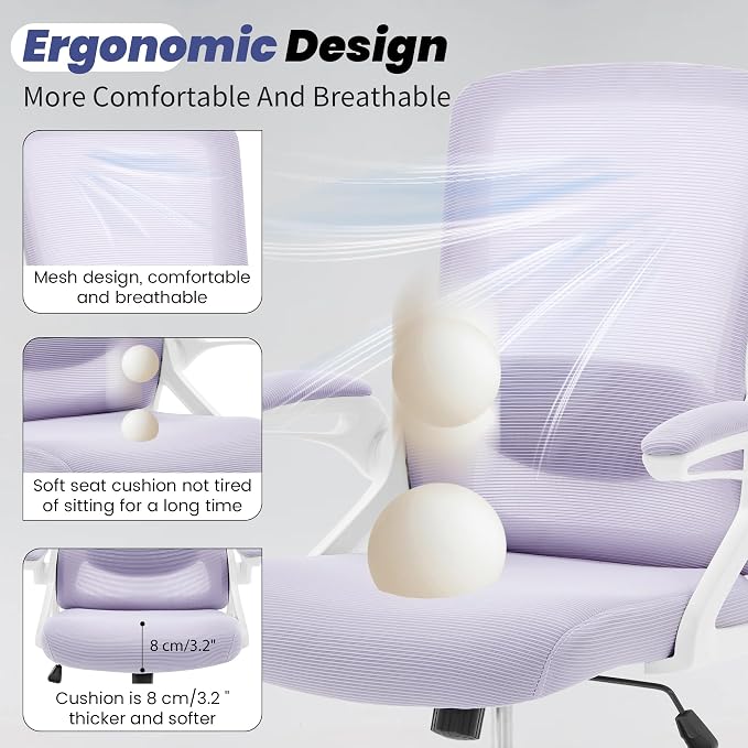Executive Office Chair with Adjustable Lumbar Support Flip-Up Arms,Lavender | Executive Mesh Office Chair with Adjustable Lumbar Support, Flip-Up Arms, Thick Foam Seat, Swivel Rolling Chair, 400lbs