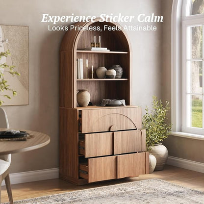 BELLEZE 71" Tall Storage Cabinet with 3 Drawers, Wooden Sideboard Buffet Cabinet with Hutch for Pantry and Kitchen Organizing, 5-Tier Modern Storage Unit for Living Room Home Office, Camel